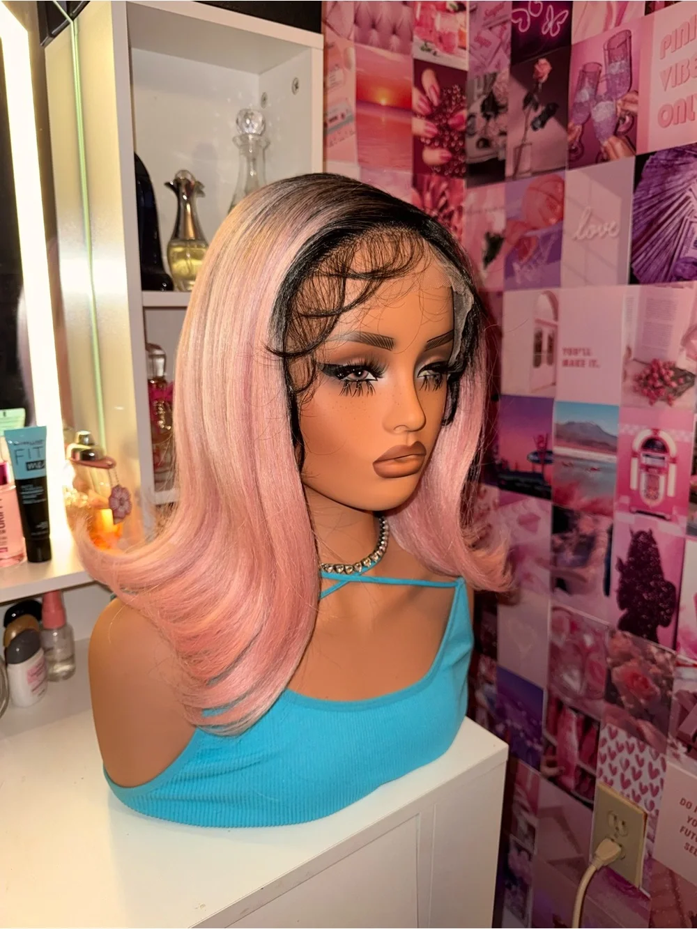 Pink Ombre Lace Front Wig Black Roots Blush Pink Bob Flipped Ends